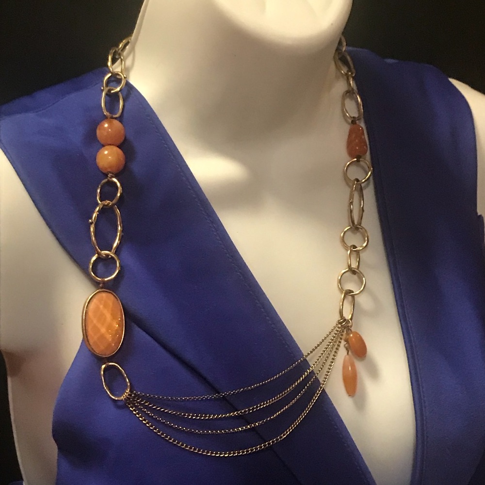 Gold Tone chain Necklace with Peach Beads